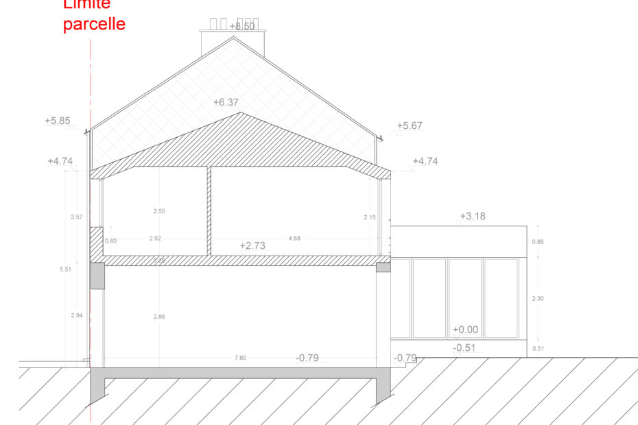 Plan de coupe - Projet d'extension et de surélévation d'une maison individuelle à Cholet
